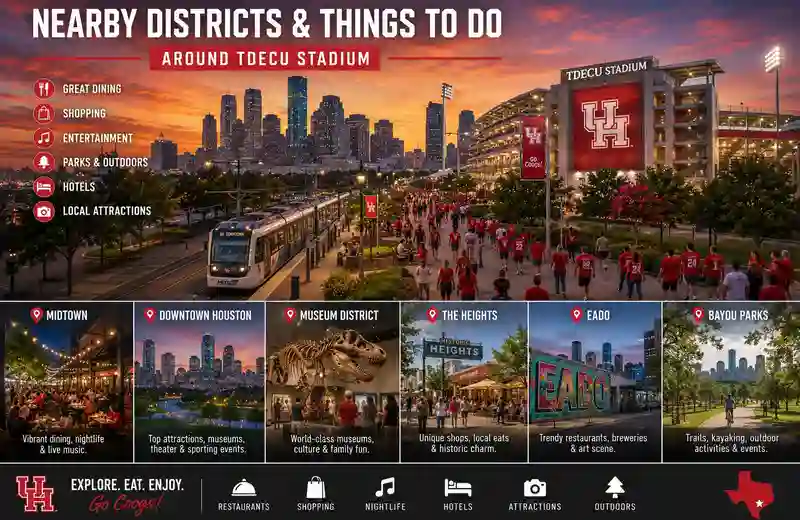 Fans walking near TDECU Stadium in Houston with nearby entertainment districts, metro transit, restaurants, parks, museums, nightlife areas, and downtown skyline views during a busy game-day evening.